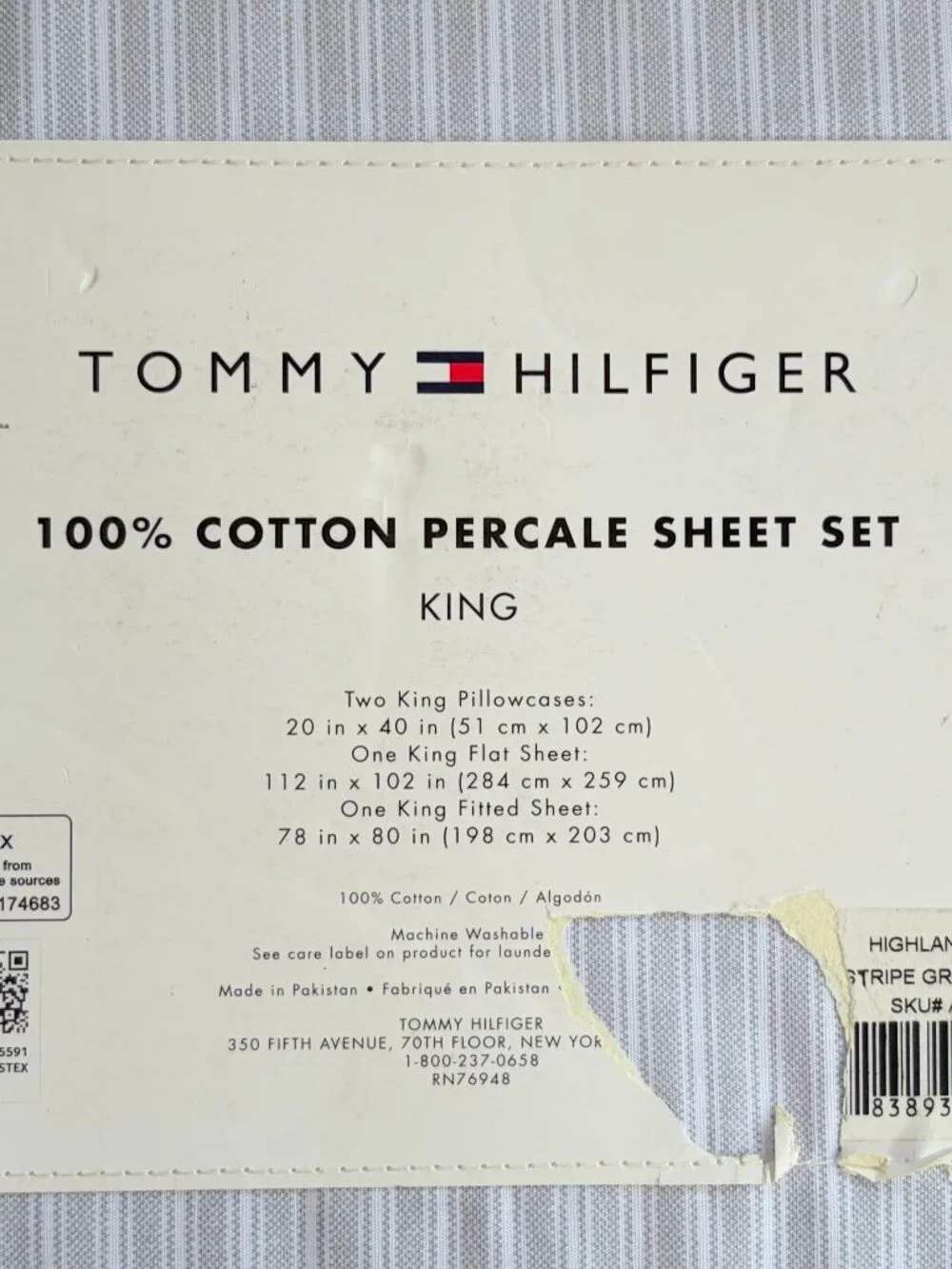 Tommy Hilfiger King SIze Sheet Set HIGHLAND TICKING Gray Stripe Percale Cotton